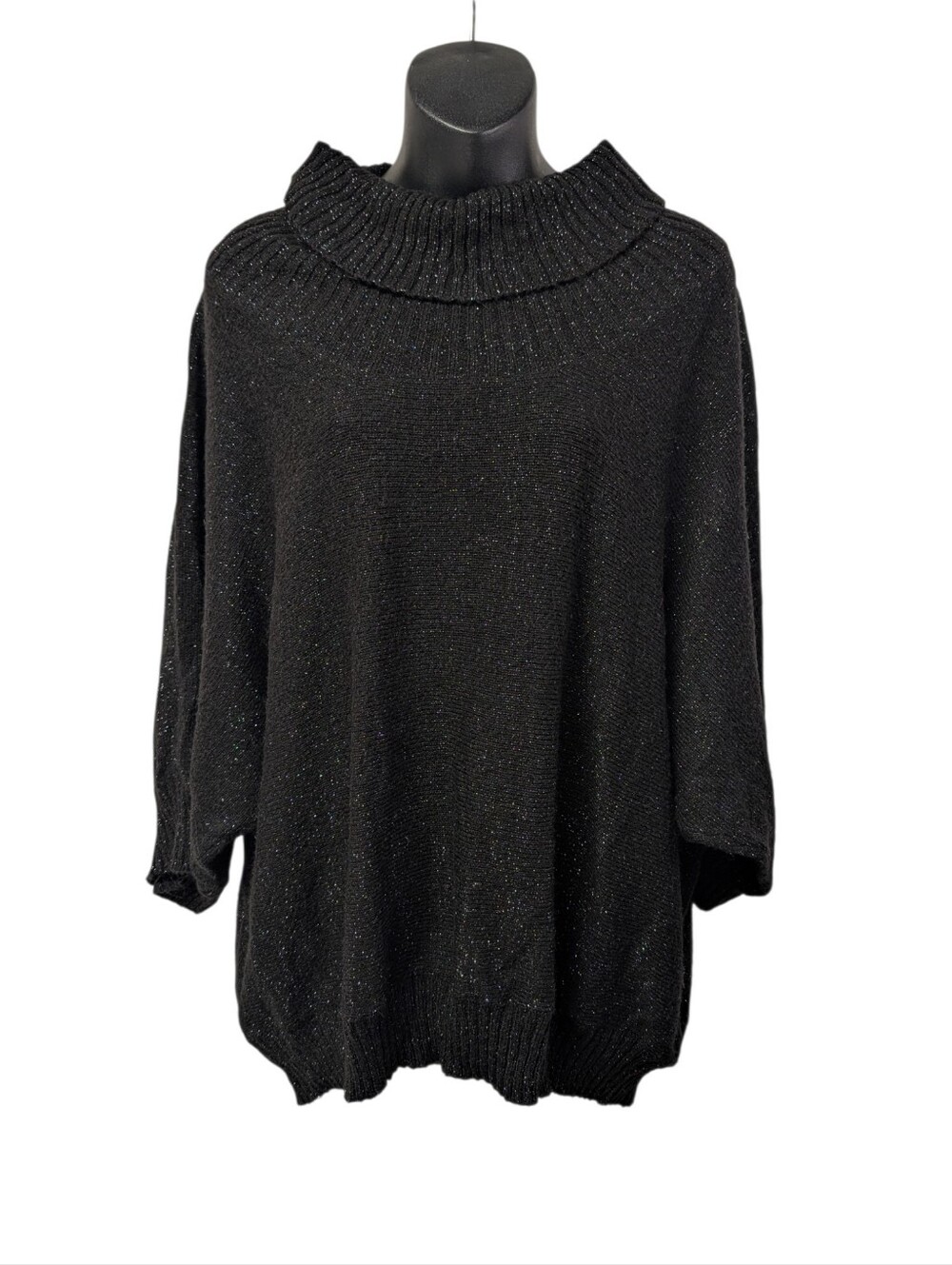 Notations Women's Plus 2X Black Knit Cowl Neck Dolman Glitter Metallic Sweater